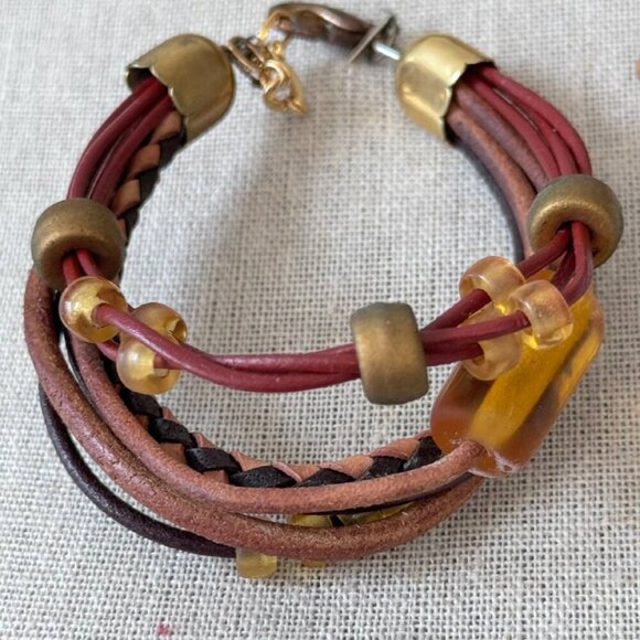 🌟 VINTAGE Unique Women's Leather and Light Amber Stones Necklace and Bracelet S - Picture 2 of 11